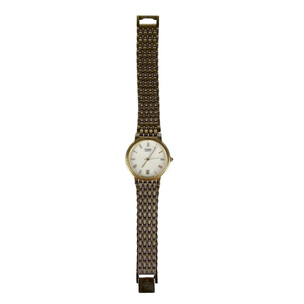Vintage Citizen Quartz Gold Tone Watch Roman Numeral Date Classic Dress